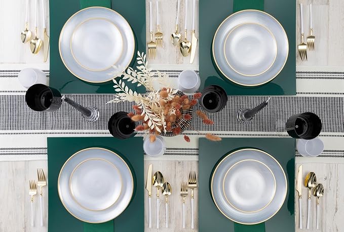 PLASTICPRO 128 Pieces Crystal Design Plastic Plates Combo Pack 7 inch and 10 inch Gold Rim Elegant Disposable Plates, Pearl White