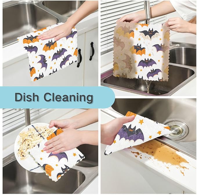 White Halloween Bats and Stars Kitchen Towels Dish Cloths Set of 6 Microfiber Cleaning Cloths for Cars Super Absorbent Machine