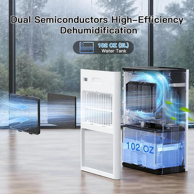 Dehumidifiers for Home, Quiet Dehumidifier for Bedroom for Small Spaces up to 800 sq.ft., 102oz Water Tank, Auto Shut-Off, Timer, 7-Color Light, Portable for Bathroom, Closet, RV, White