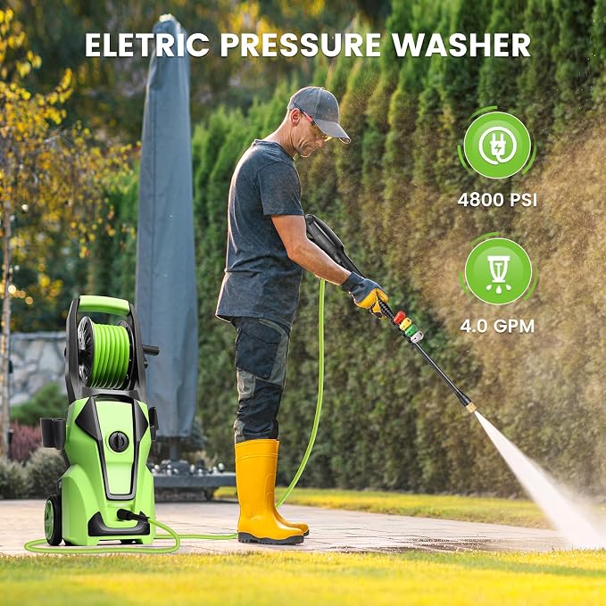 Electric Pressure Washer 5000PSI Adjustable Max 4.0GPM with 33FT Flexible Extension Hose, 4 Nozzles, Foam Cannon, Power Washer Powered for Cars, Patios, Driveways, Green