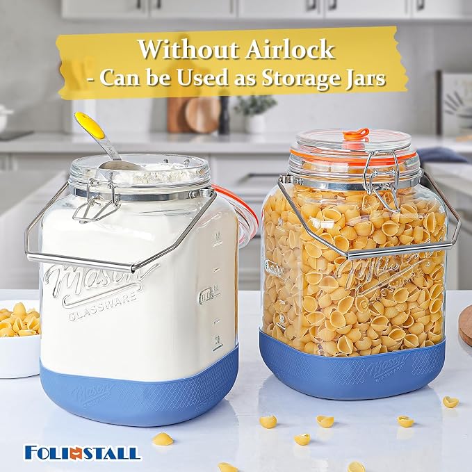 Folinstall 1 Gallon Fermentation Jar with 3 Airlocks, Stainless Steel Handle, Non-Slip Silicone Base, 128 oz Glass Storage Jar for Mead Making, Wine Making, Sourdough Starter, 2 Pack