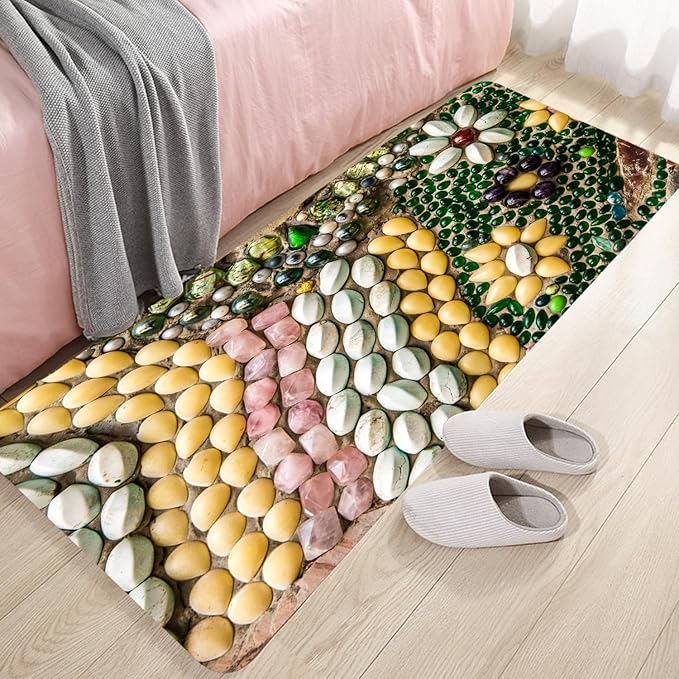 WODEJIA Non Slip Bath Rugs Sponge Foam for Bathroom,Flannel Mat Rug for Living Room, Absorbent MatS for Forlaundry Room and Kitchen,Colored Pebbles Welcome Mat 47x18 Inches