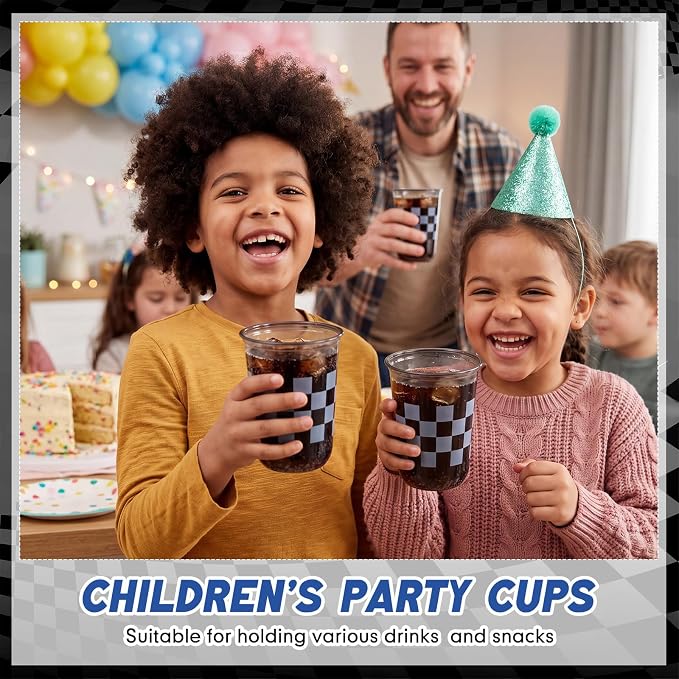 Ziliny 50 Pcs 16oz Black Checkered Cups Racing Party Round Bottom Plastic Cups Party Decorations, Disposable Clear White Black Checkered Flag Cup for Racing Themed Birthday Drink Supplies Decorations