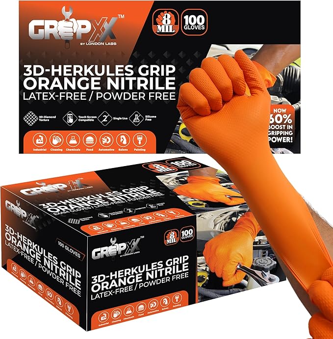 GRIPXX Herkules Grip Heavy Duty 8Mil Orange Nitrile Gloves,3D Raised Diamond Texture-Latex & Powder Free-Industrial, Mechanic (2, Small)
