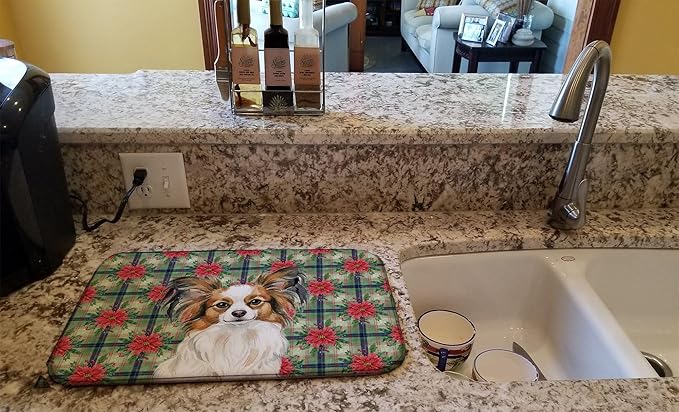 Caroline's Treasures White with Sable Papillon Christmas PoinsettIas Dish Drying Mat Absorbent Dish Drying Mat Pad for Kitchen Counter Dish Drainer Mat for Countertop, 14 x 21", Multicolor