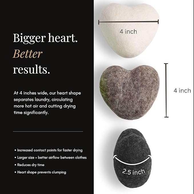Big Heart Reusable Handmade Wool Dryer Balls for Laundry 3-Pack XL, Wool Balls Replaces Dryer Sheets and Shorten Drying Time.