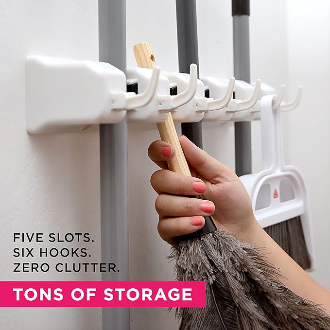 Berry Ave Broom Holder White (1 Pack) and Drawer Dividers Organizer, 4" High, Expandable from 11"-17" (4-Pack)