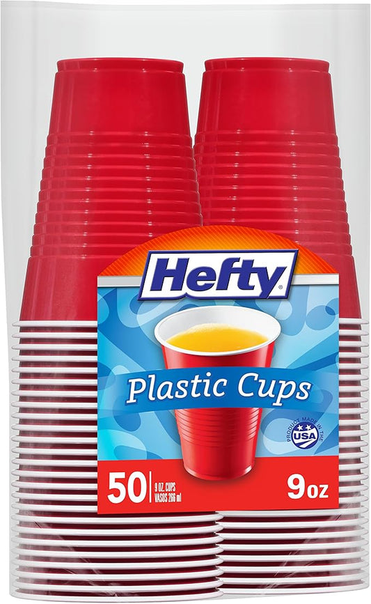 Hefty Disposable Plastic Cups, Red, 9 Ounce, 50 Count (Pack of 12), 600 Total