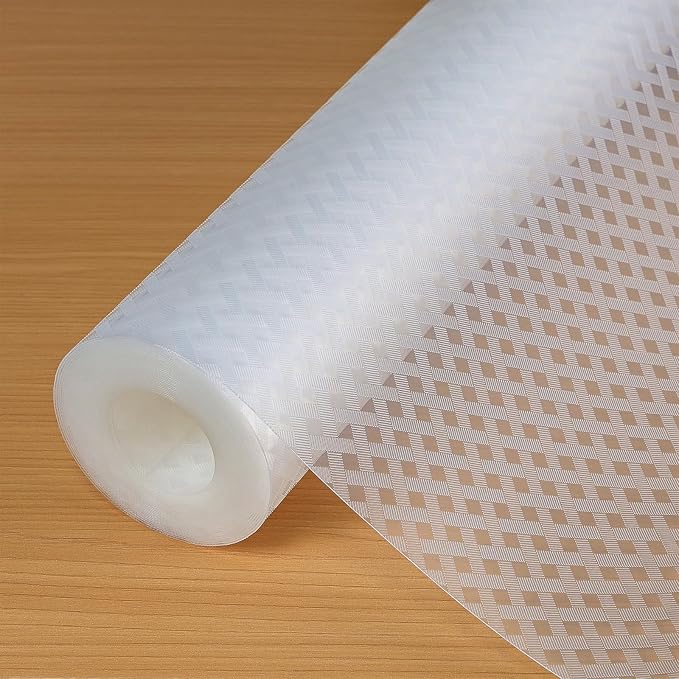 Hersvin Shelf Liners 14 in x 20 ft EVA Drawer Mats, Non-Adhesive Cupboard Protector, Kitchen Cabinet Lining Fridge Liner (Clear Crossed Stripe, 35.6x610cm)