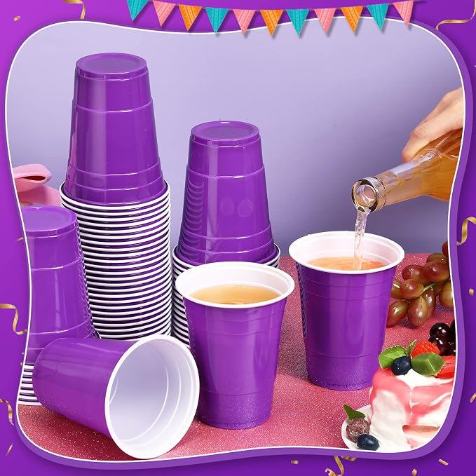 Lounsweer 100 Pcs 16 oz Disposable Party Cups Plastic Heavy Duty Drinking Water Cups for Birthday Baby Shower Wedding BBQ Picnic Party Supplies(Purple)
