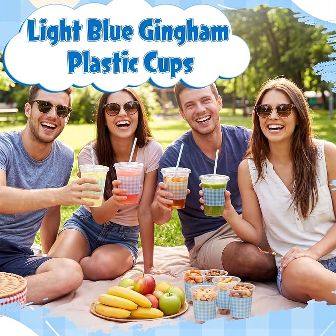Domensi 25 Sets Blue and White Gingham Plastic Cups with Lids and Paper Straws 12oz Checkered Disposable Drinking Cups Bulk for Cold Drinks Baby Shower Wedding Birthday Summer Party Supplies