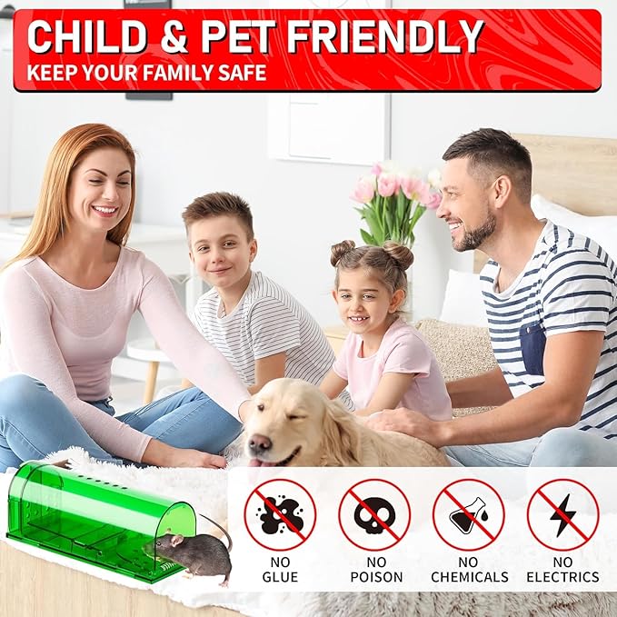 LULUCATCH Humane Mouse Traps 6 Pack, No Touch Catch and Release Live No Kill Rodent Traps, Reusable with Cleaning Brush, Pet Safe Indoor Outdoor Rodent Control for Mice, Rats, Chipmunks, Voles
