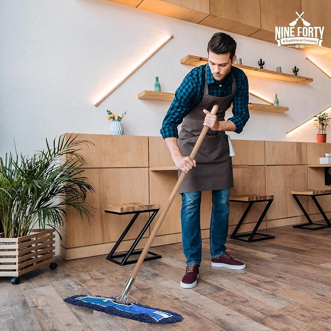 Nine Forty 60" Premium Nylon Dust Mop with Wood Handle - Heavy Duty Mop Head for Industrial, Commercial, and Residential Cleaning - Dry Floor Duster for Hardwood Surfaces and Commercial - Blue
