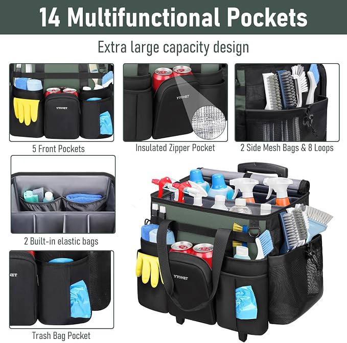Ytonet Cleaning Caddy with Wheels, Large Rolling Caddy Bag with Detachable Trolley for Housekeepers, Water Resistant Cleaning Cart Supplies Organizer for Home, Car, Tool Organizer, Mobile Storage