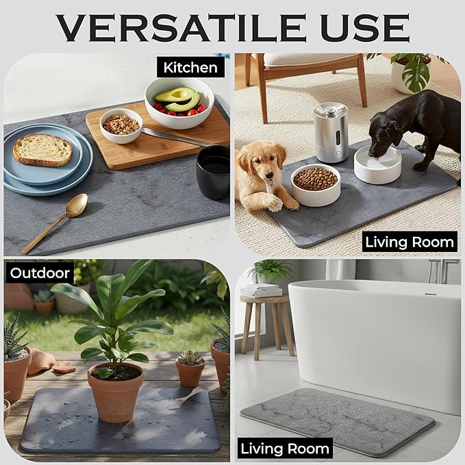 J.B Large Stone Drying Mat for Kitchen Counter - Quick Dry Stone Mat with Sink Caddy, Ultra Absorbent Dish Drying Stone for Kitchen Counter and Bathrooms, 16 x 12 Inch (Dark Gray/Black Marble Finish)