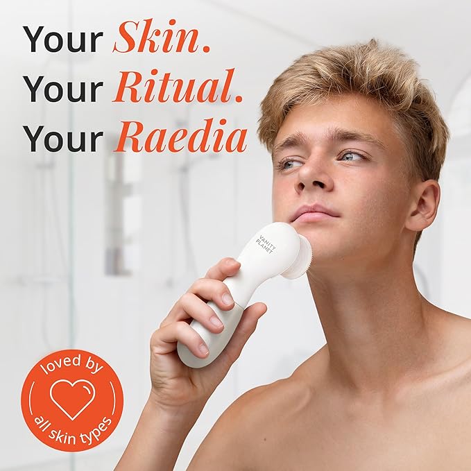 Vanity Planet Raedia Facial Cleansing Brush - Electric Facial Cleansing Brush with 4 Exfoliating Brush Heads - Waterproof, Handheld, Lightweight for Face Scrubber and Exfoliating Face - Warm Grey