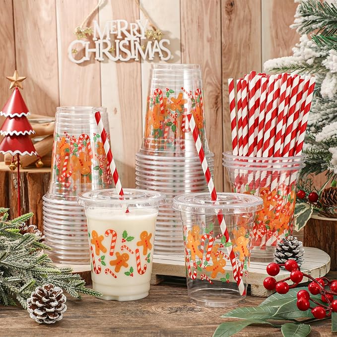 Whaline 50Pcs Christmas Plastic Cups with Lids & Straws 12oz Gingerbread Man Candy Cane Disposable Clear Drinking Cups for Xmas Home Party Supplies