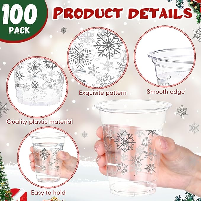 Jingmore 100 Pcs Winter Snowflake Plastic Cups 12 oz Snowflake Disposable Clear Plastic Drinking Cups Bulk for Xmas Winter Holiday Wonderland Party Decorations Supplies(Silver)