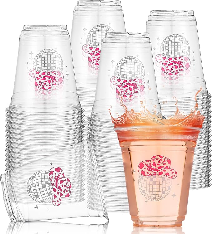 Sliner 100 Pcs Pink Disco Cowgirl Plastic Cups Bachelorette Party Decorations 12 oz Disposable Clear Disco Ball Cups for Bachelorette Birthday Wedding 70s 80s 90s Party