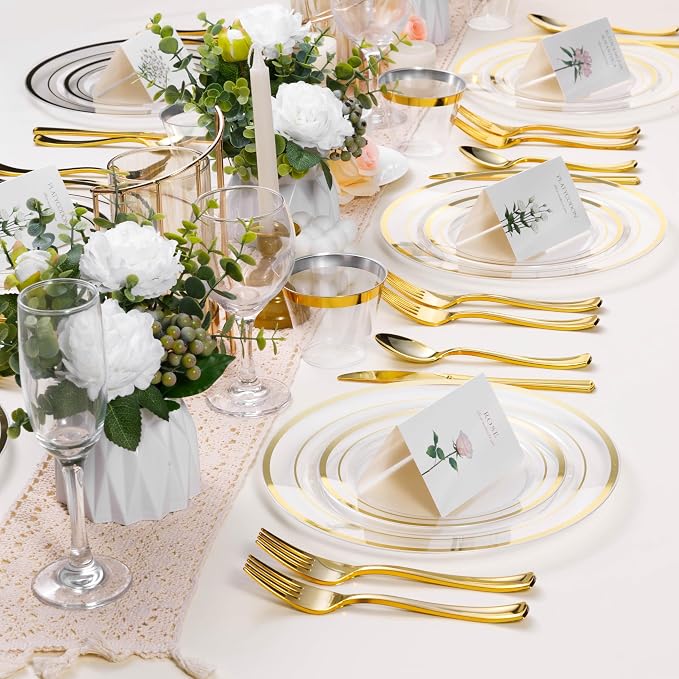 BESTSTAR 100PCS Clear Plastic Plates for Party, 10.25 Inch Disposable Plates with Gold Rim, Heavy Duty Dinner Plates for Wedding and Birthday