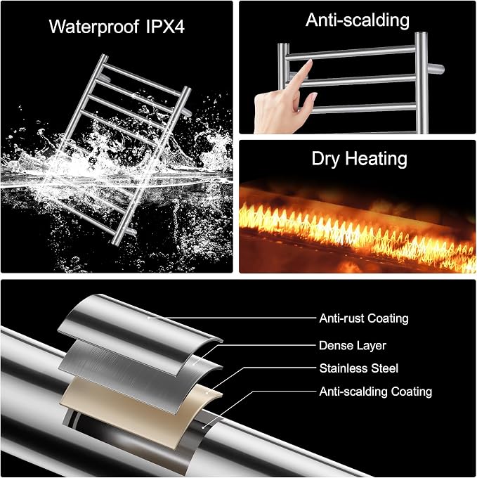 Towel Warmer Polished Chrome for Bathroom Wall Mounted Drying Rack Plug-in Electric Heated Towel Rack Stainless Steel Round 8 Bars Bath Towel Heater with Single Press