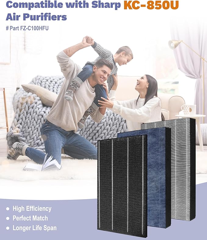 KC850U Replacement Filter Compatible With Sharp KC-850U Air Purifier, Part # FZ-C100HFU, With 2 HEPA filters and 1 FZ-C100DFU Activated carbon filter