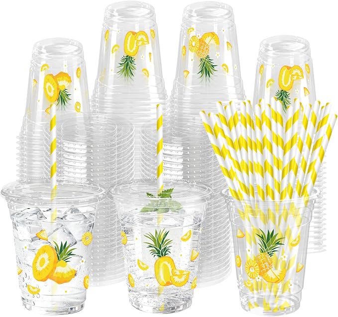 50 Sets Pineapple Plastic Cups with Lids Straws 12 oz Tropical Fruit Disposable Cups Summer Party Favor Drinking Beverage Cup for Baby Shower Birthday Party Supplies