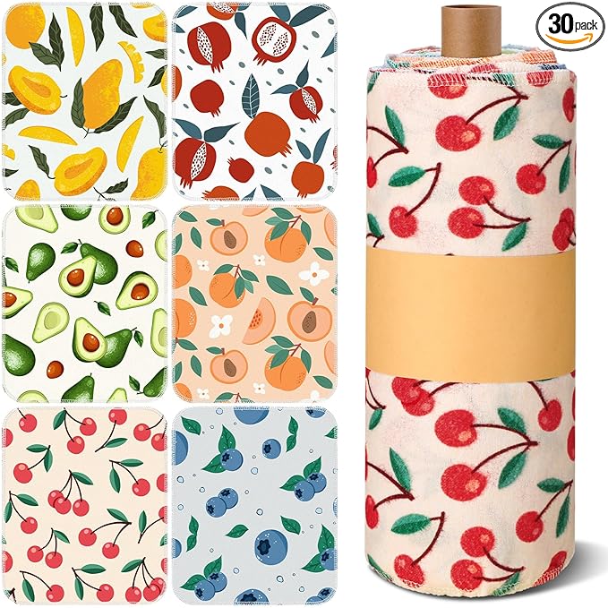 Redbaker 30 Pcs Reusable Paper Towels Rolls Towels Bulk Kitchen Washable Paperless Cloth Cotton Hand Napkins with Cardboard Reusable Napkins for Kitchen Bathroom (Fruit Design)