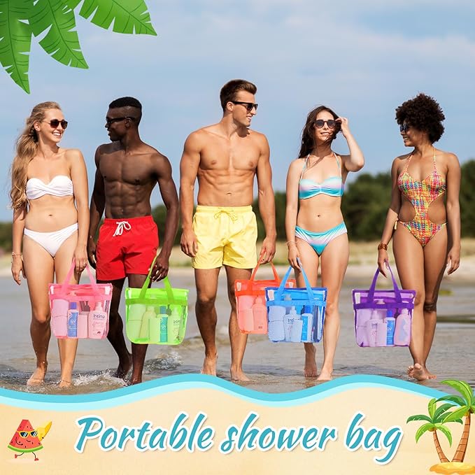 6 Pcs Mesh Shower Caddy Bags Portable Mesh Beach Bags Bulk with Zipper & 2 Pockets Hanging Toiletry and Bath Organizer for Gym Swimming Travel Camping College Dorms Beach (Fluorescent Color)