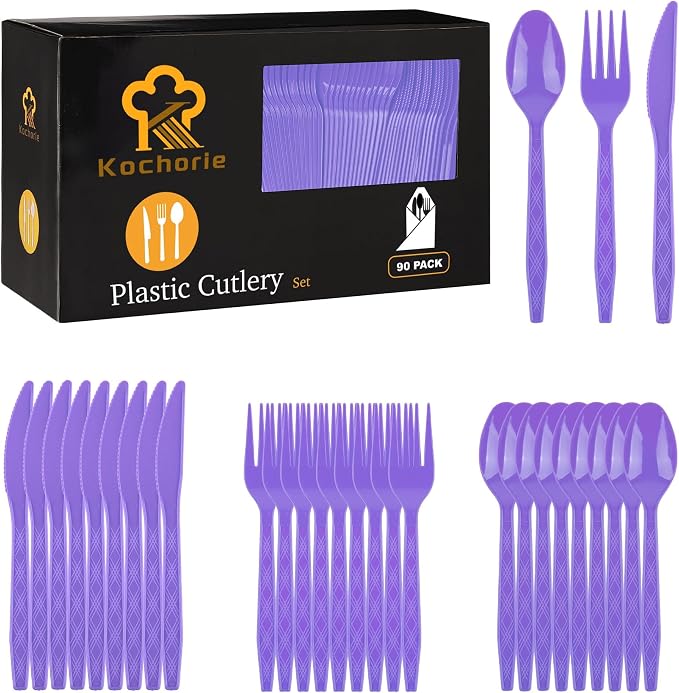 Kochorie 90 Pieces Purple Plastic Cutlery Set Disposable Plastic Utensils Heavy Duty Flatware Set Include 30 Knives 30 Forks 30 Spoons for Graduation, Wedding, Birthday Party Supplies