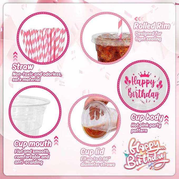 Whaline 50 Pcs 12 Oz Happy Birthday Disposable Plastic Cups with Lids and Straws Hot Pink Cold Beverage Drinking Cups for Home Kitchen Birthday Party Supplies