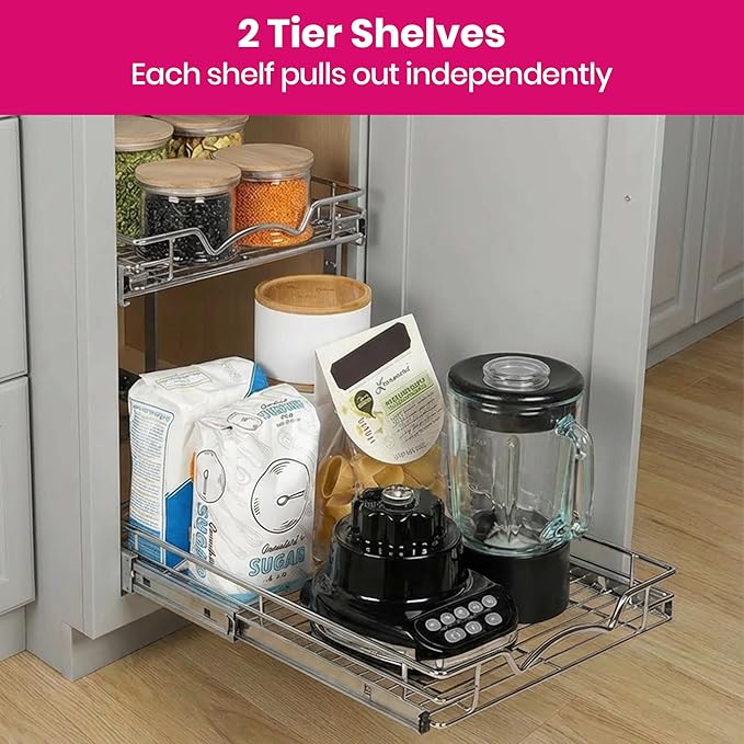 2-Tier Pull-Out Cabinet Organizer with Heavy-Duty Steel Frame, Full-Extension Sliding Shelves, Holds 100 lbs, Easy Install for Kitchen, Pantry & Under Sink Cabinets, 24" W x 21”D x 16.5" H