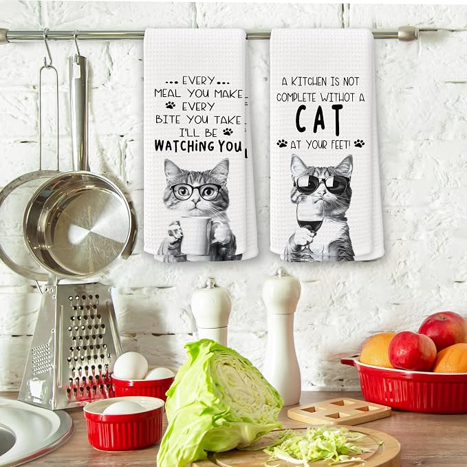 Funny Cat Kitchen Towels 16x24 Inch Set of 2 | Cat Mom Dad Lady Lovers Gifts for Women Men Dish Tea Towels for Kitchen, Pet Lover Gifts Decorative Hand Towel