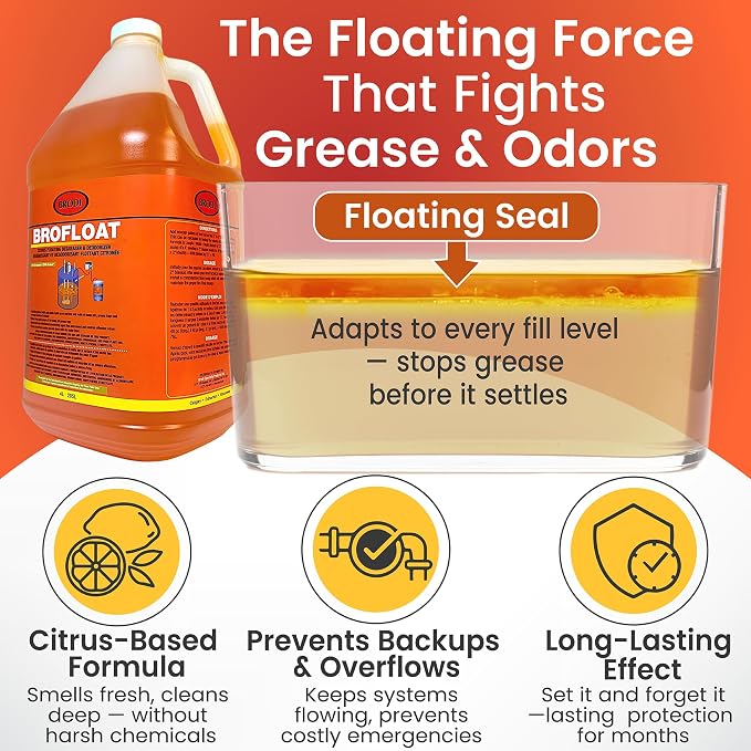 Brodi BroFloat Sump Pit Deodorizer & Degreaser, Industrial-Strength, Floating Protective Layer, Stops Odors & Dissolves Grease, Freeze-Proof, Concrete & Steel Safe, 1 Galon, Pack of 4
