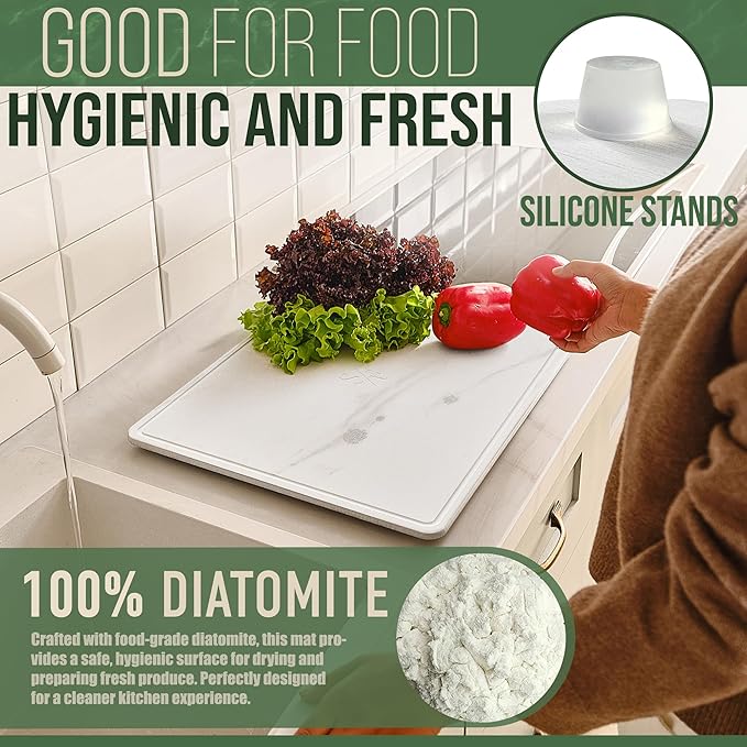 Large Stone Dish Drying Mat - Double-Sided Stone Drying Mat for Kitchen Counter - 3-Pcs Gift Set (White Marble, 20" x 16")