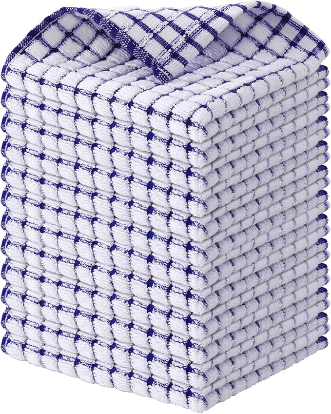 Kitinjoy Cotton 12 Pack Terry Kitchen Dish Cloths, 12 x 12 Inches Super Soft and Absorbent Dish Rags, Quick Drying Dish Towels for Washing Dishes, Blue