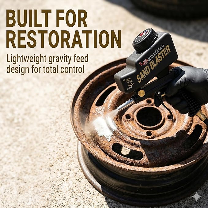 LE LEMATEC Portable Sand Blaster Gun Kit | Gravity Feed Air Tool for Rust Removal, Glass Etching & Paint Stripping | Requires 4 CFM @ 90 PSI Air Compressor - Sandblasting Steel Nozzle