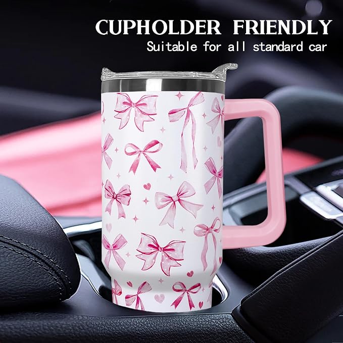 Ceovfoi 40 Oz Pink Bow Tumbler With Handle, Pink Bow Decor Coffee Travel Mug Cup Water Bottle, Gifts for Women Girls