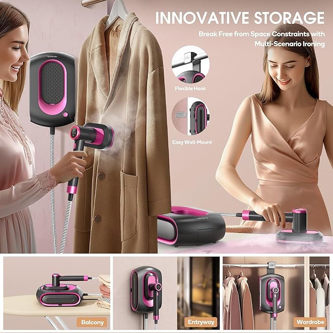 Newbealer 2In1 Pro Station Iron, 1550W Turbo Steam, 1.2L Tank (Ashpink) | Hanging Garment Steamer, 3-Level Steam & 3 Dry Ironing, 30s Heat Up, Self Clean, Auto-Off, Versatile for Home/Hotel/Boutique