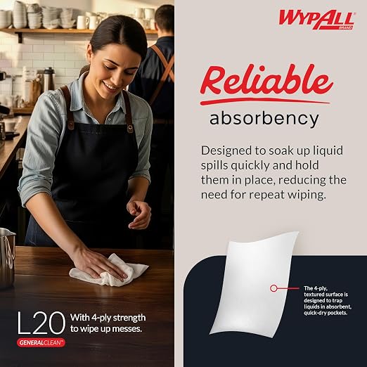 WypAll® GeneralClean™ L20 Medium Cleaning Cloths (47044), Pop-Up Box, White (88 Sheets/Box, 10 Boxes/Case, 880 Sheets/Case)