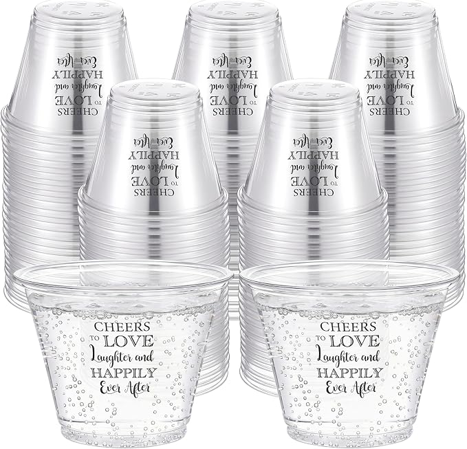 LemonRoad 100 Pack Wedding Cups 9 oz Cheers to Love Disposable Clear Plastic Cocktail Cups Hot Cold Beverage Drinks for Guests, Wedding Reception Bridal Shower Decorations Party Favors