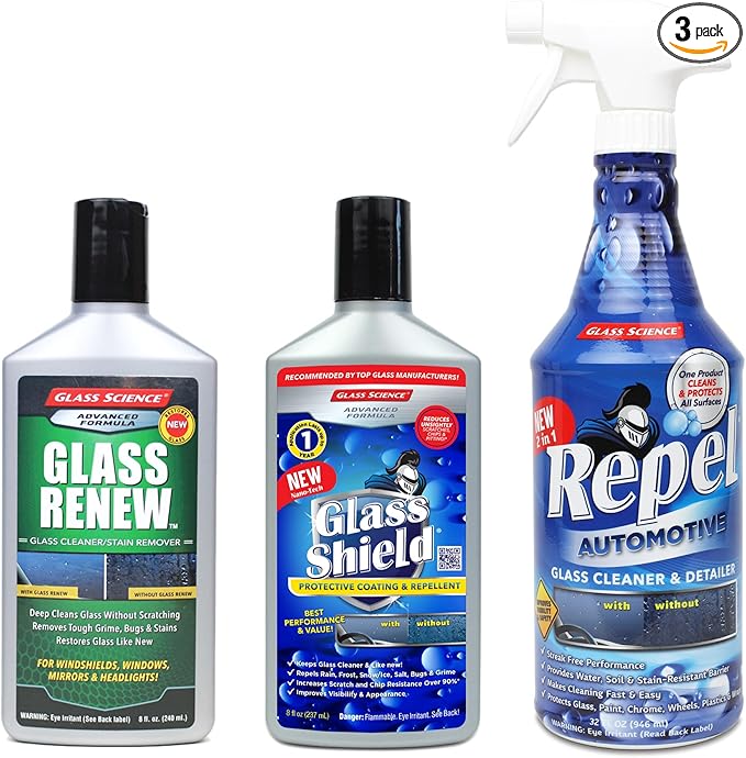 Glass Shield Windshield Rain Repellent Coating with Cleaner - Auto Detailing Kit - Repels Rain, Sleet, Snow, Bugs - 3 pack
