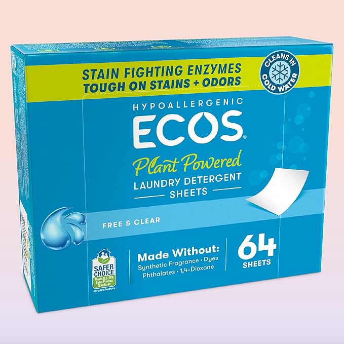 ECOS Laundry Detergent Sheets Vegan, No Plastic Jug, No Mess & Liquid Free - Hypoallergenic, Plant Powered Laundry Detergent Sheet - Free and Clear - 64 Count (Pack of 4)