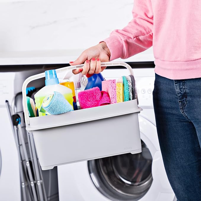 Minky Large Storage Caddy - Easy to Clean Plastic Storage Bin with Foldaway Handle For Cleaning, Crafts, DIY - Great for Pantry, Fridge & Organization - Made in the UK (Light Grey)