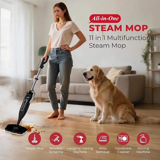 Rosewill 11-in-1 Steam Mop, 260°F Handheld Steam Cleaner, 1200W Detachable Steam Mops for Floor Cleaning, Removable Tank, Multi-Purpose Steamer for Hardwood, Tile, Grout, Furniture - Black