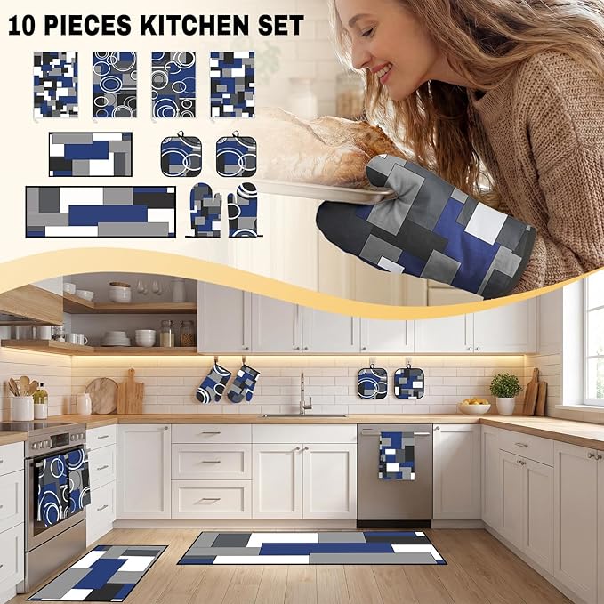 10 Pcs Navy Blue Kitchen Decor and Accessories Set, 4 Dish Towels Kitchen Rugs 2 Oven Mitts 2 Pot Holders, Home Decor for Cooking Baking BBQ Gifts Women Mom Housewarming