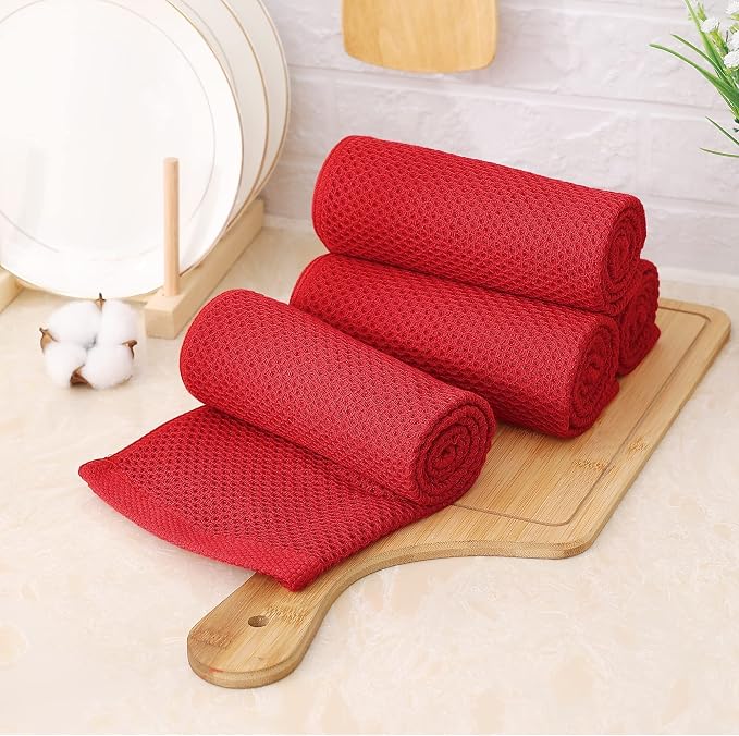 Kitinjoy 100% Cotton Waffle Weave Kitchen Hand Towels (13 X 28 Inches, Red), 6-Pack Super Soft and Absorbent Dish Towel for Drying Dishes