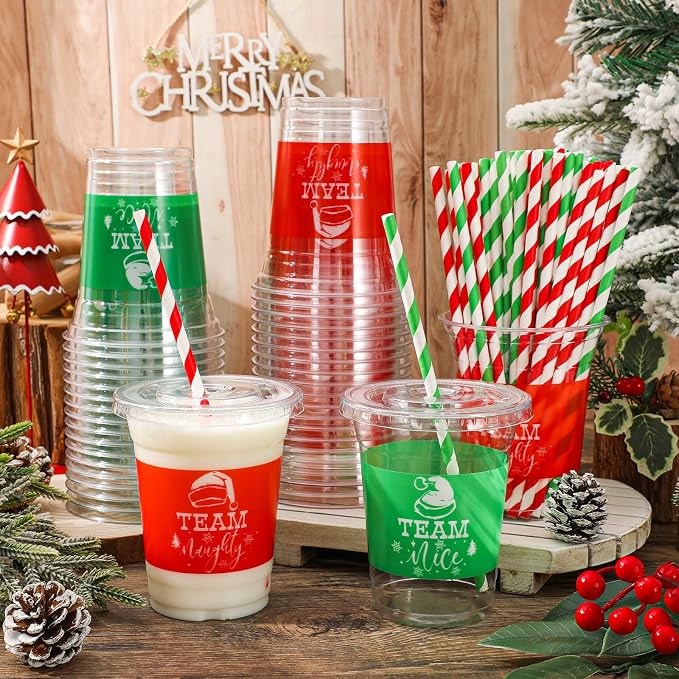JarThenaAMCS 50Pcs 12Oz Christmas Plastic Cups with Lids & Straws Team Nice or Naughty Disposable Clear Drinking Cups for Winter Xmas Party Supplies