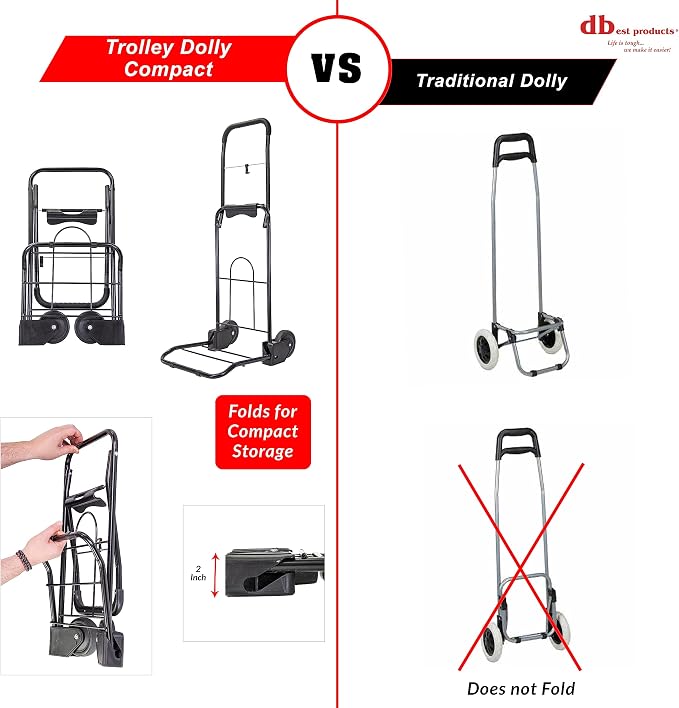 dbest Products Trolley Dolly Compact with Pockets – Foldable Grocery Cart on Wheels – Multi Use Rolling Cart with Removable Bag, Storage Pockets, and Hand Truck Dolly Function, Black