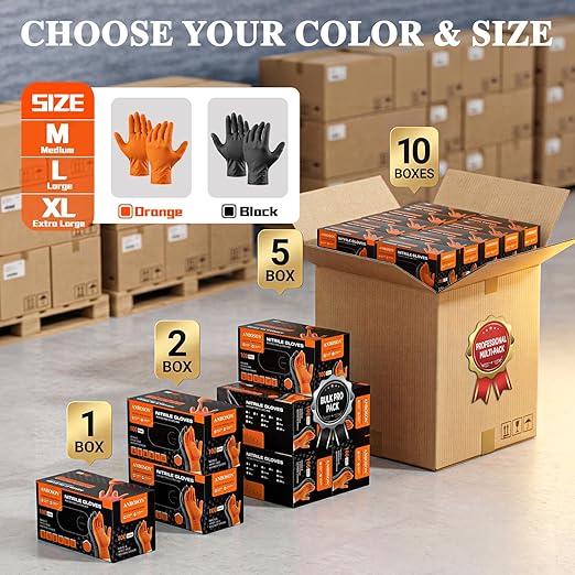 ANBOSON 10mil Nitrile-Gloves Disposable-Orange Chemical-Resistant Rubber - Mechanic Gloves Heavy Duty Latex Free Diamond Grip (100, Large)